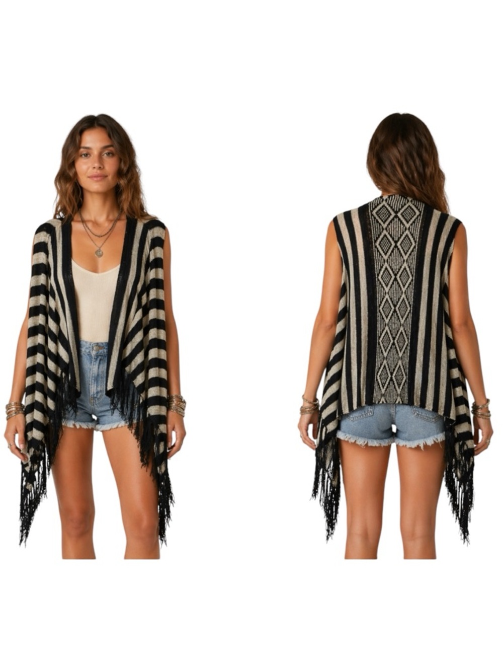 Gaudi' Black & Cream Striped Fringe Open-Front‎ Boho Poncho Vest